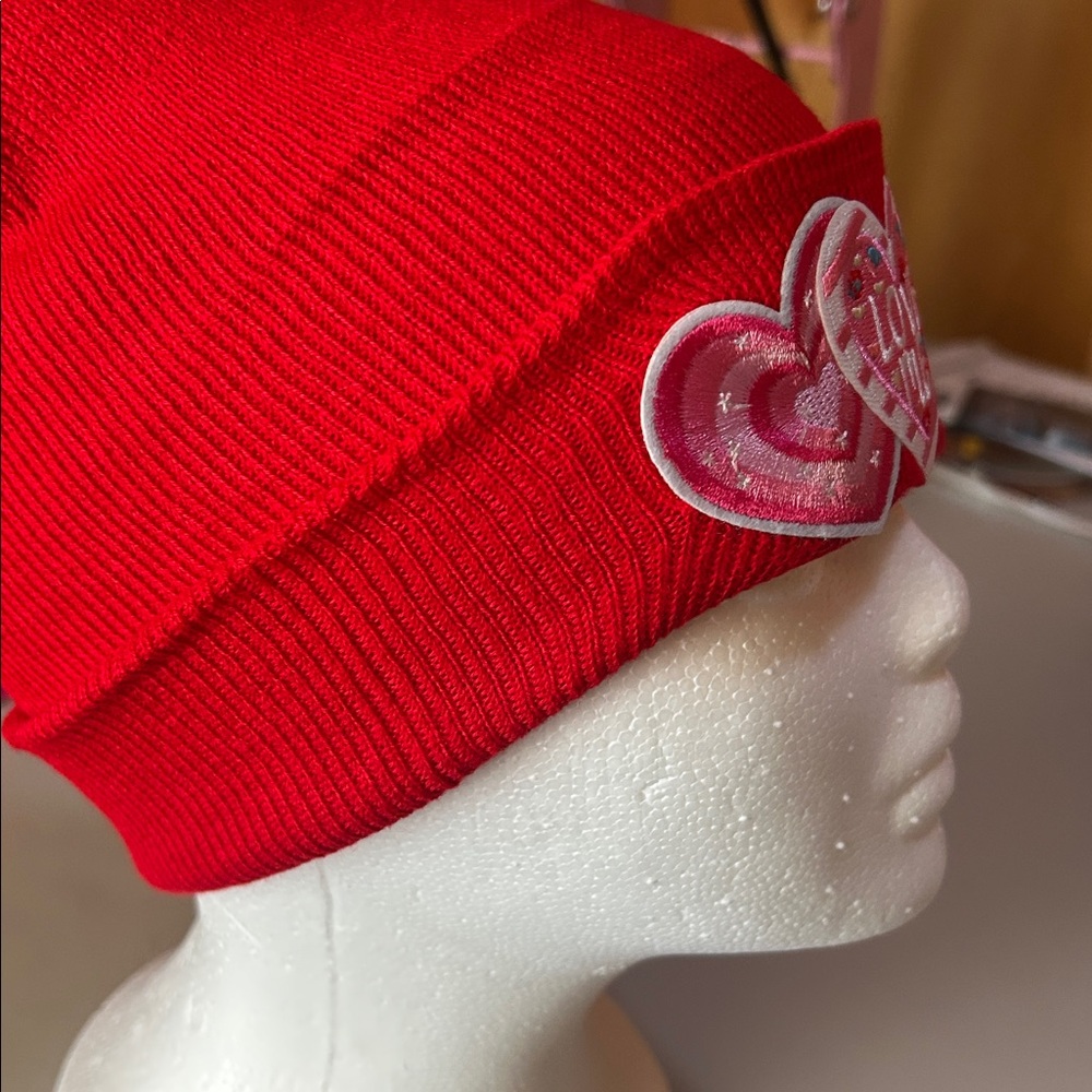 Women's Red Beanie with Heart and Flower Design - Picture 4 of 5